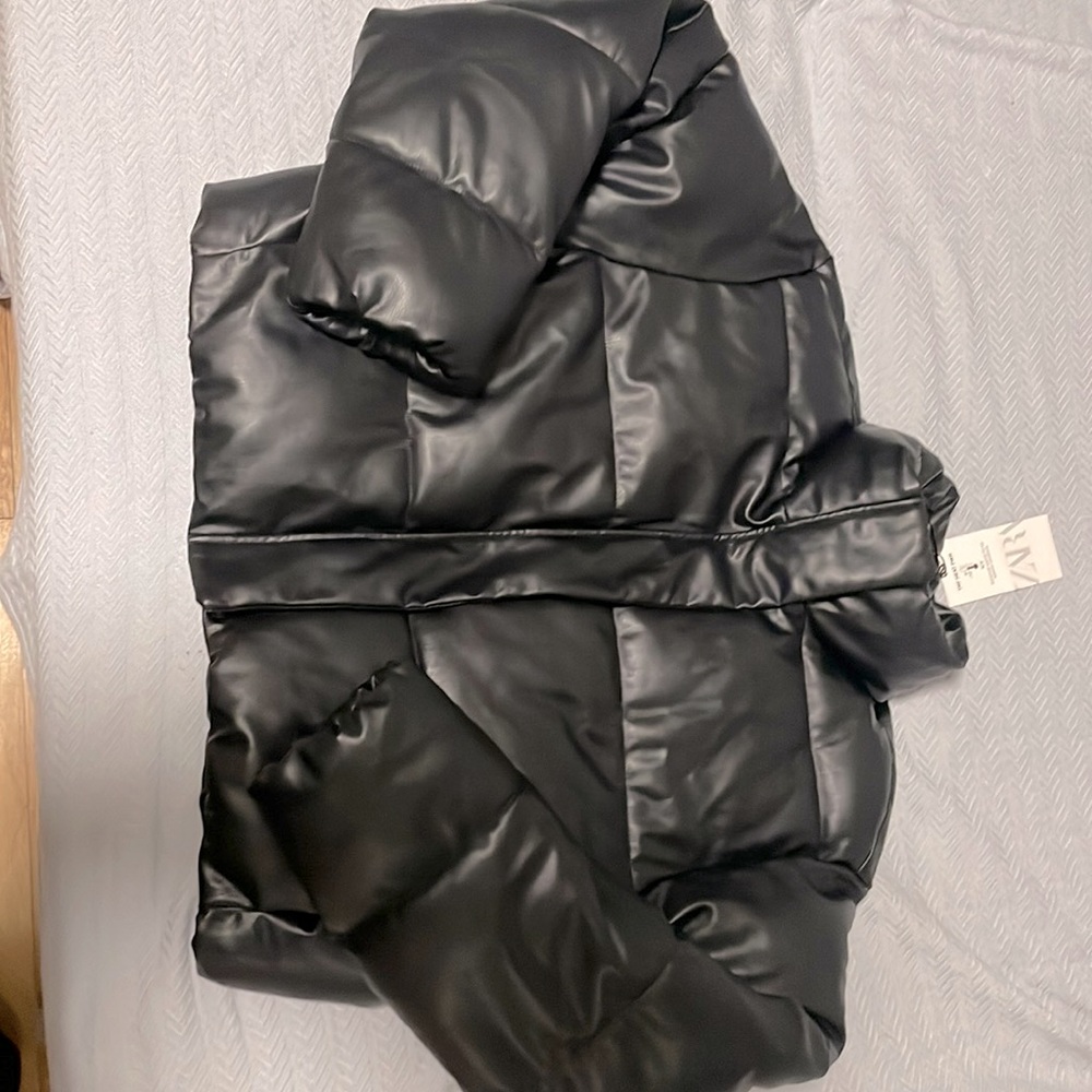 NWT Zara Black Leather Puffer Coat